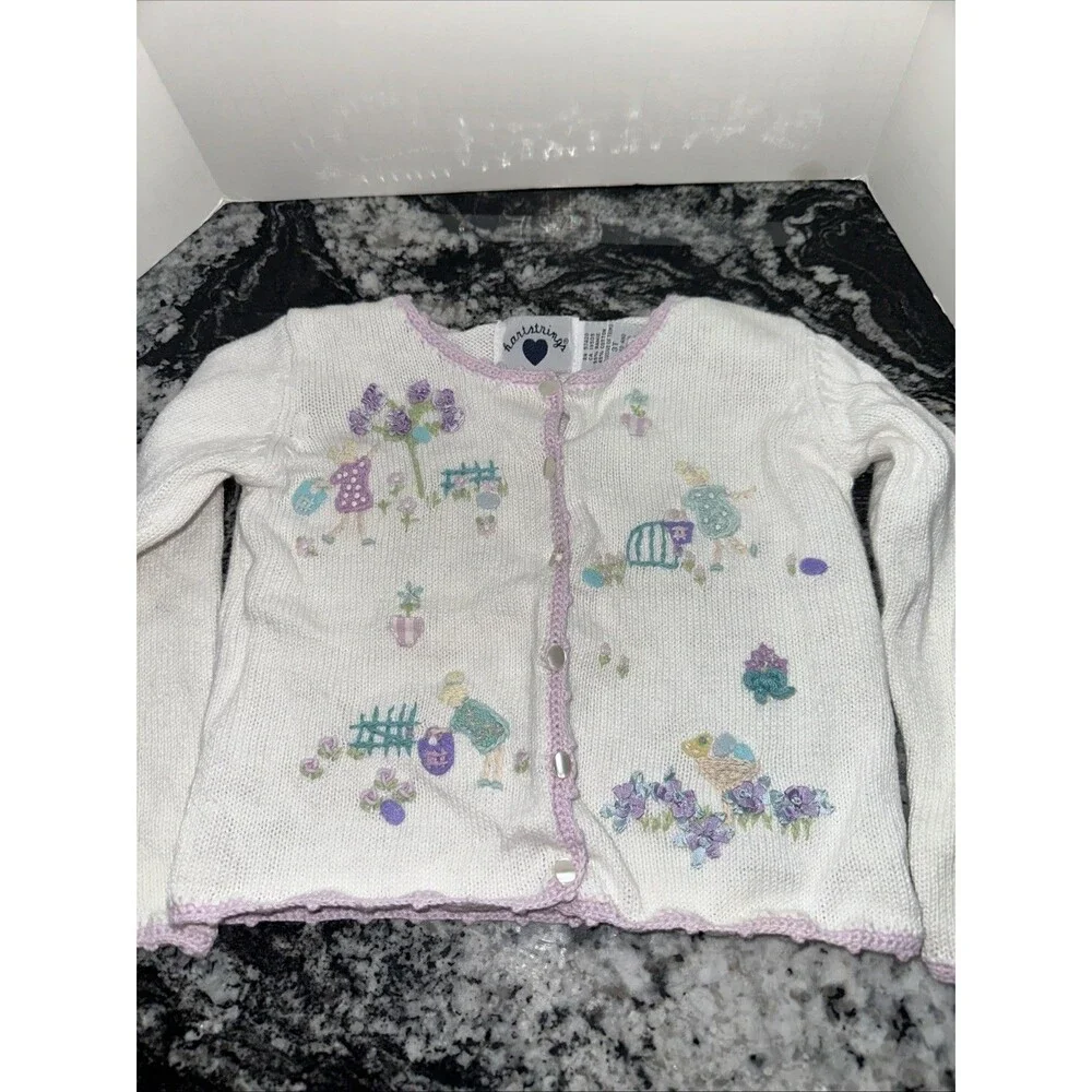 Vintage Hartstrings cardigan 3T pastel floral and Easter Egg Hunt embroidery